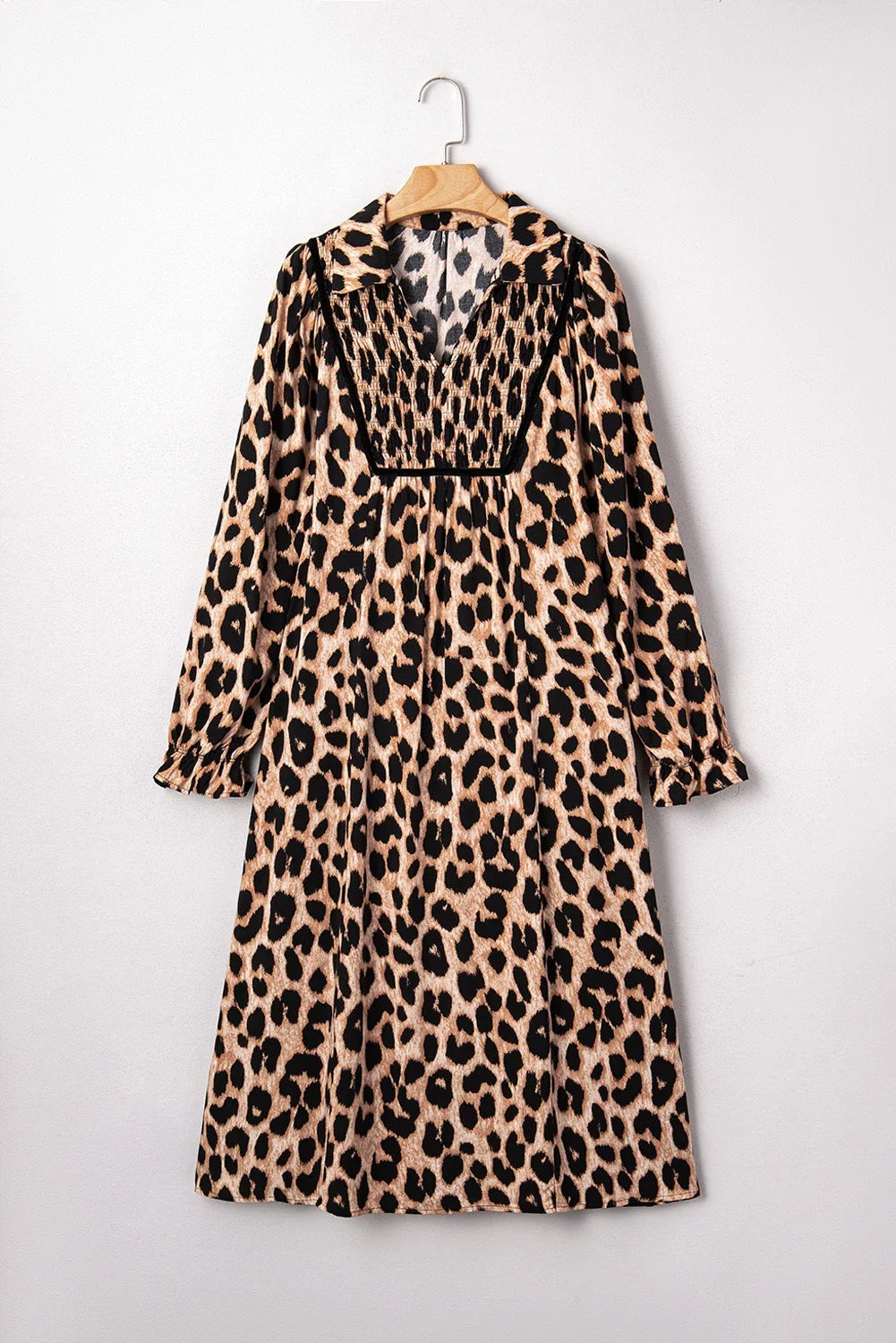 Leopard Smocked V-Neck Flowy Midi Dress