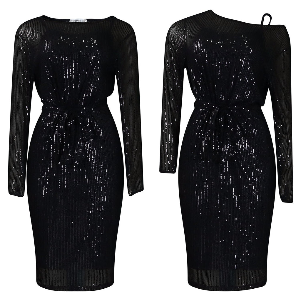 Sequined Round Neck Diagonal Collar Evening Dress Two-Piece Set