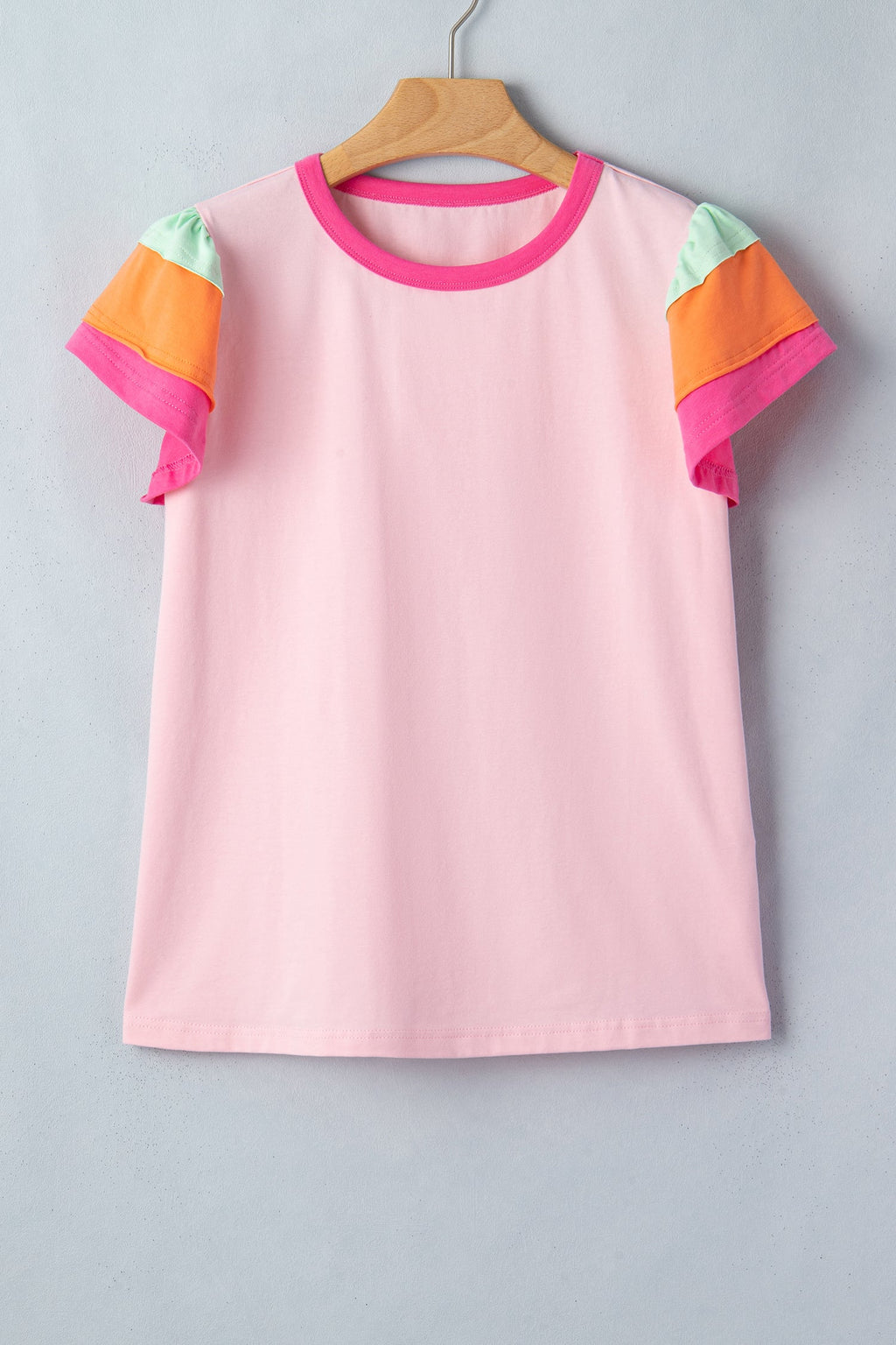 Colorblock Flutter Sleeve Round Neck T-Shirt for Women