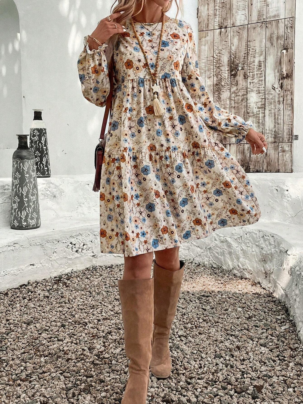 Tiered Floral Long Sleeve Dress - Boho Cottagecore Summer Midi