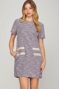 Short sleeve purple and white knit tweed dress featuring elegant pearl studded trim detailing.