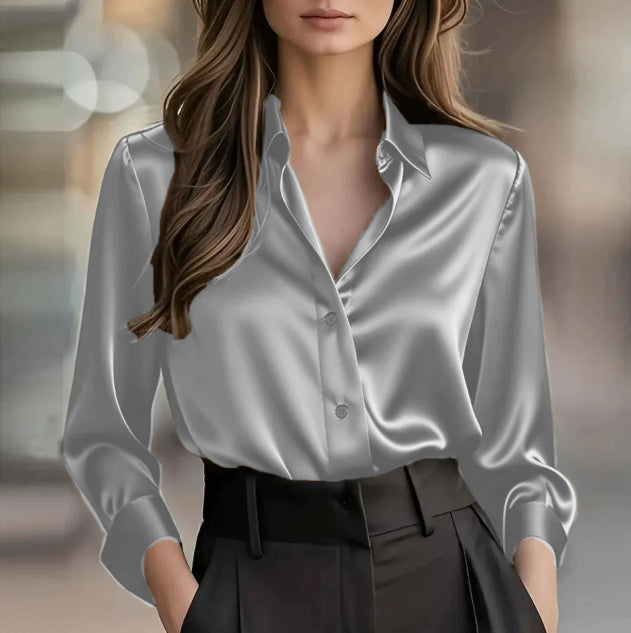 Women's Classic Satin Button Down Shirt Long Sleeve Lapel Blouse