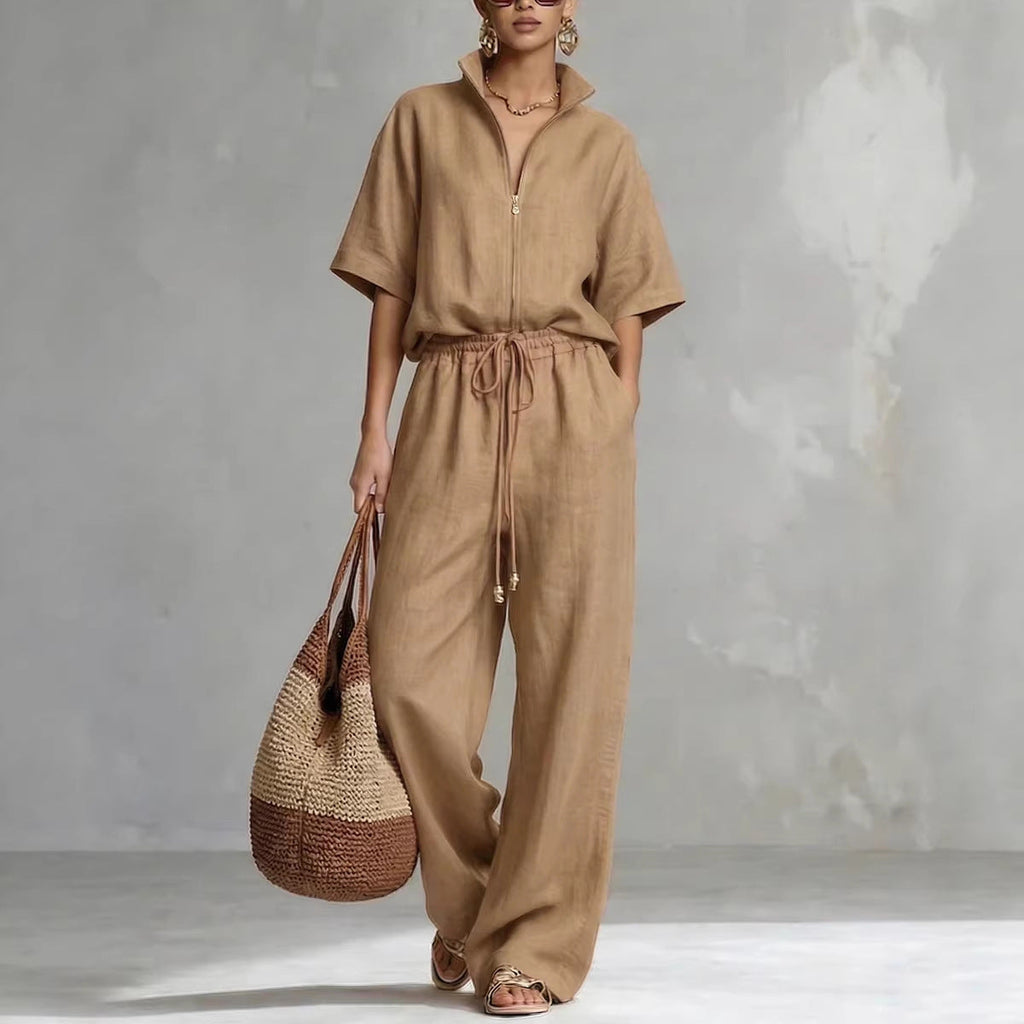 Women's Zip-Front Short Sleeve Top and Wide-Leg Pants Set - Image 5
