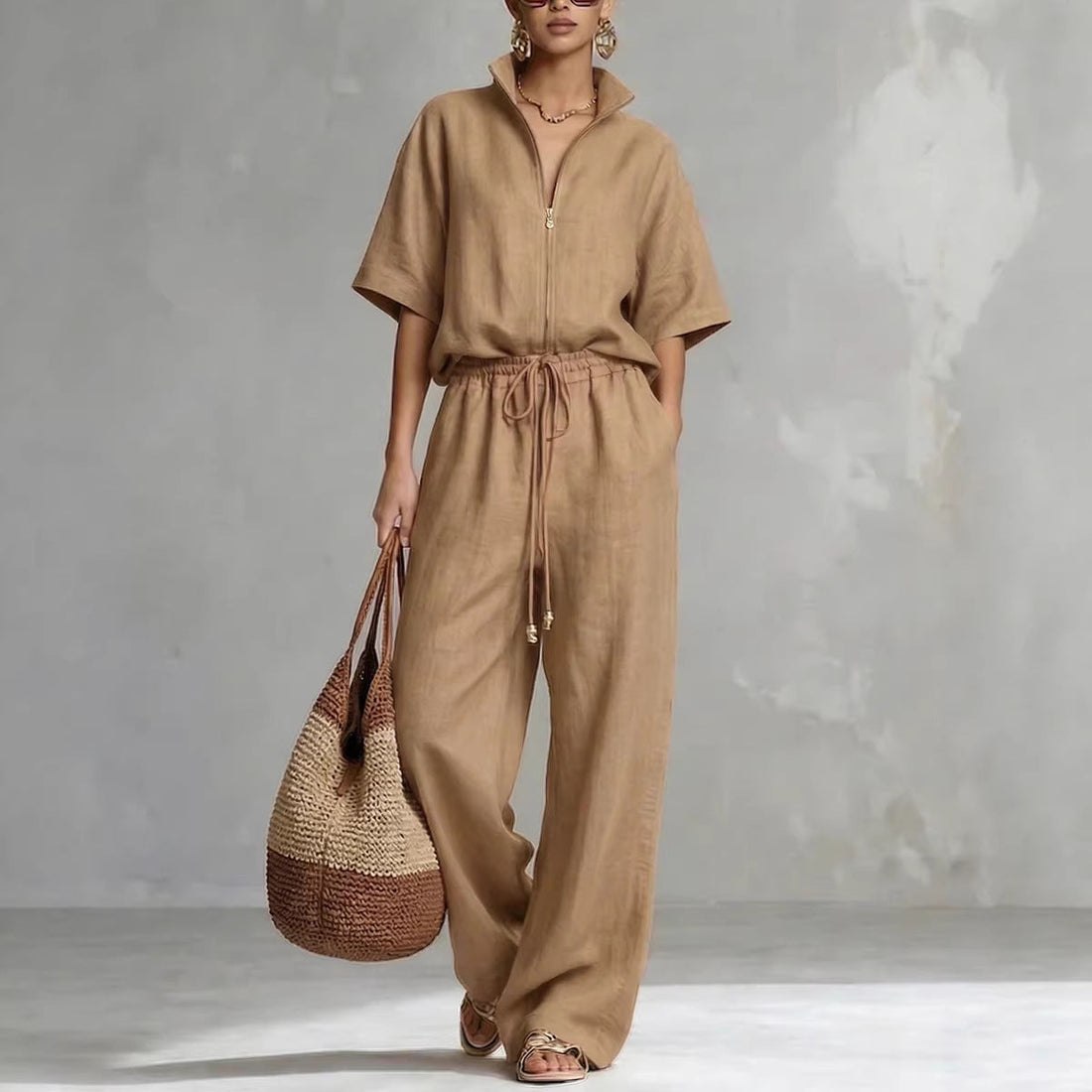Women's Zip-Front Short Sleeve Top and Wide-Leg Pants Set - Image 5