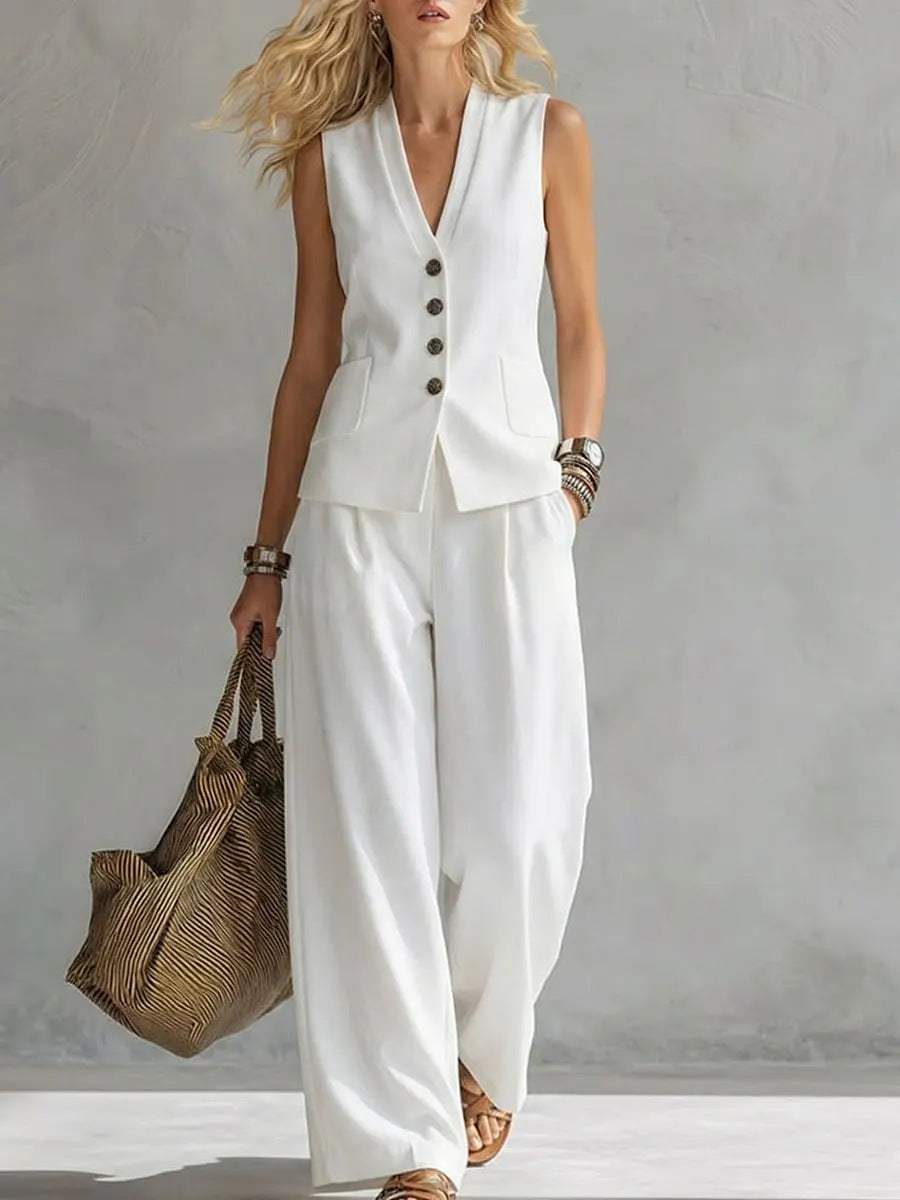 Women's Button-Down Vest and Wide-Leg Pants Two-Piece Set - Image 11