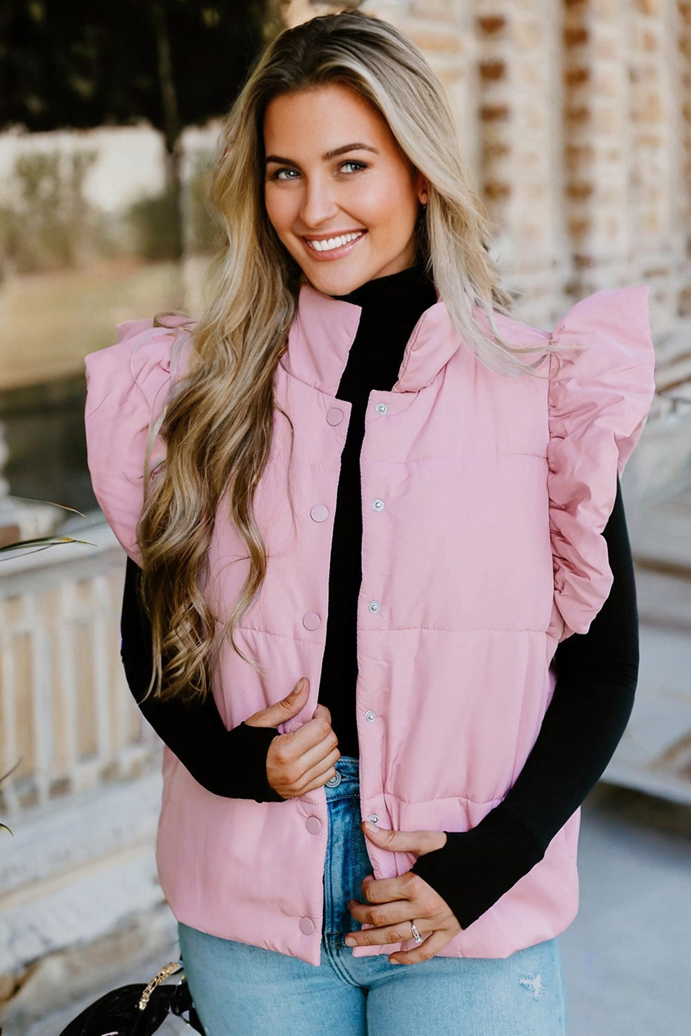 Women's Pink Solid Flutter Sleeve Puffer Vest with Snap Buttons