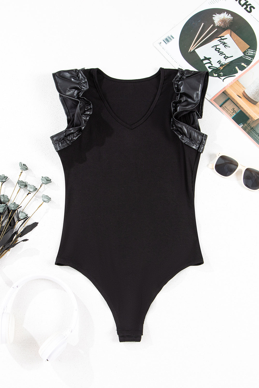 Solid Ribbed Leatherette Ruffle Sleeve Bodysuit