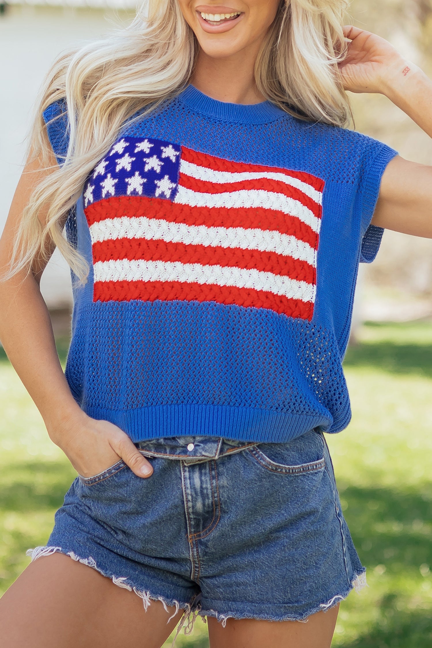 USA Flag Crochet Short Sleeve Sweater Top