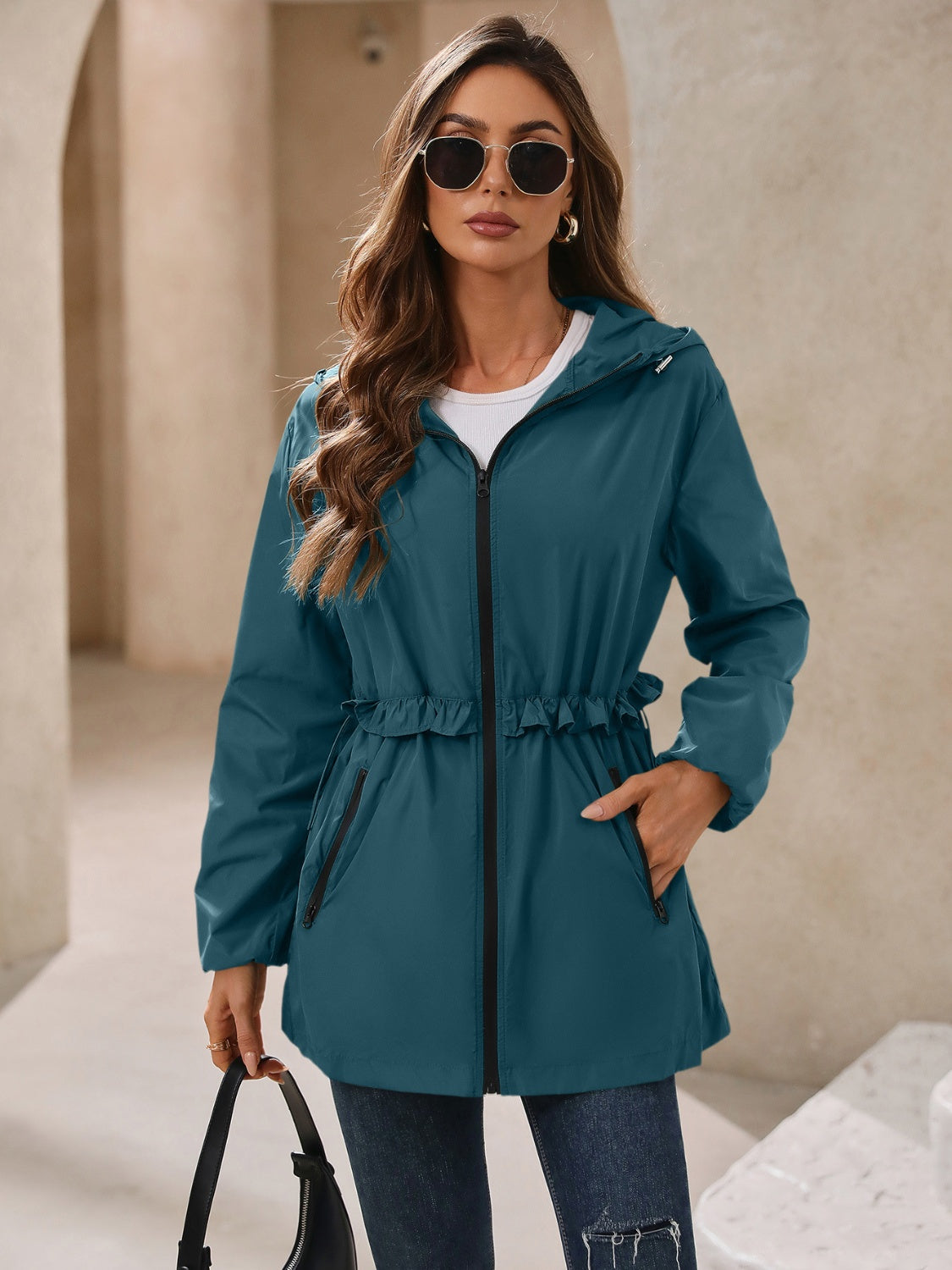Women's Waterproof Hooded Windbreaker Jacket with Waist Detail - Image 22