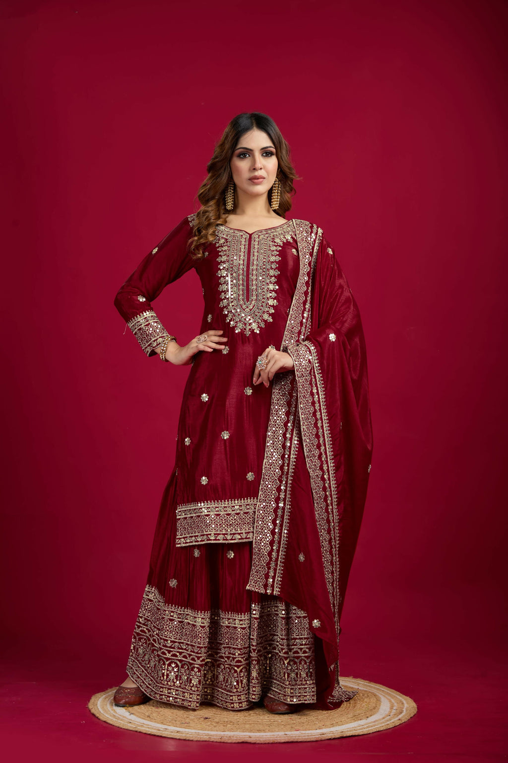 Maroon Silk Kurta Set with Sequins, Zari, and Thread Embroidery