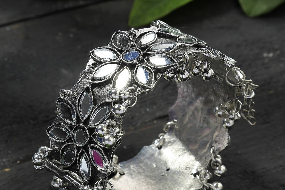 Kamal Johar Oxidised Silver-Plated Mirror Work Cuff Bracelet