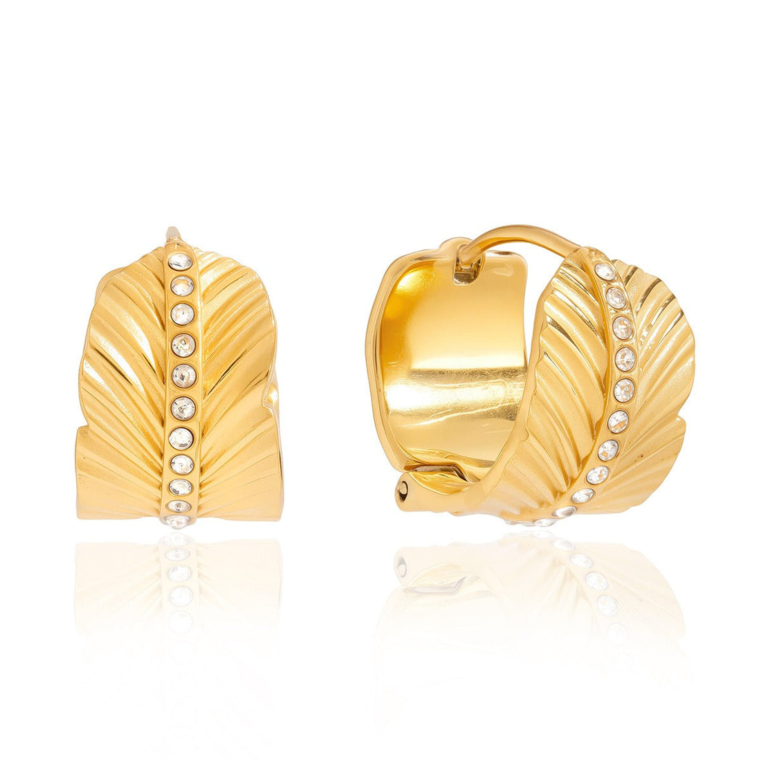 18K Gold Leaf Stud Earrings with Sparkling White Diamonds