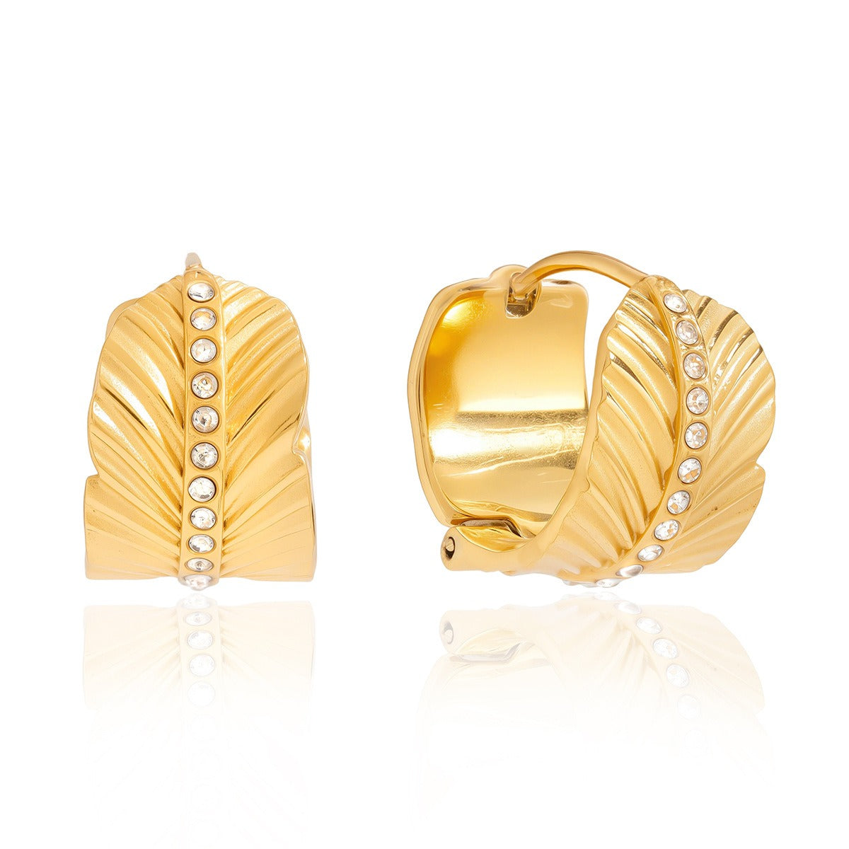 18K Gold Leaf Stud Earrings with Sparkling White Diamonds
