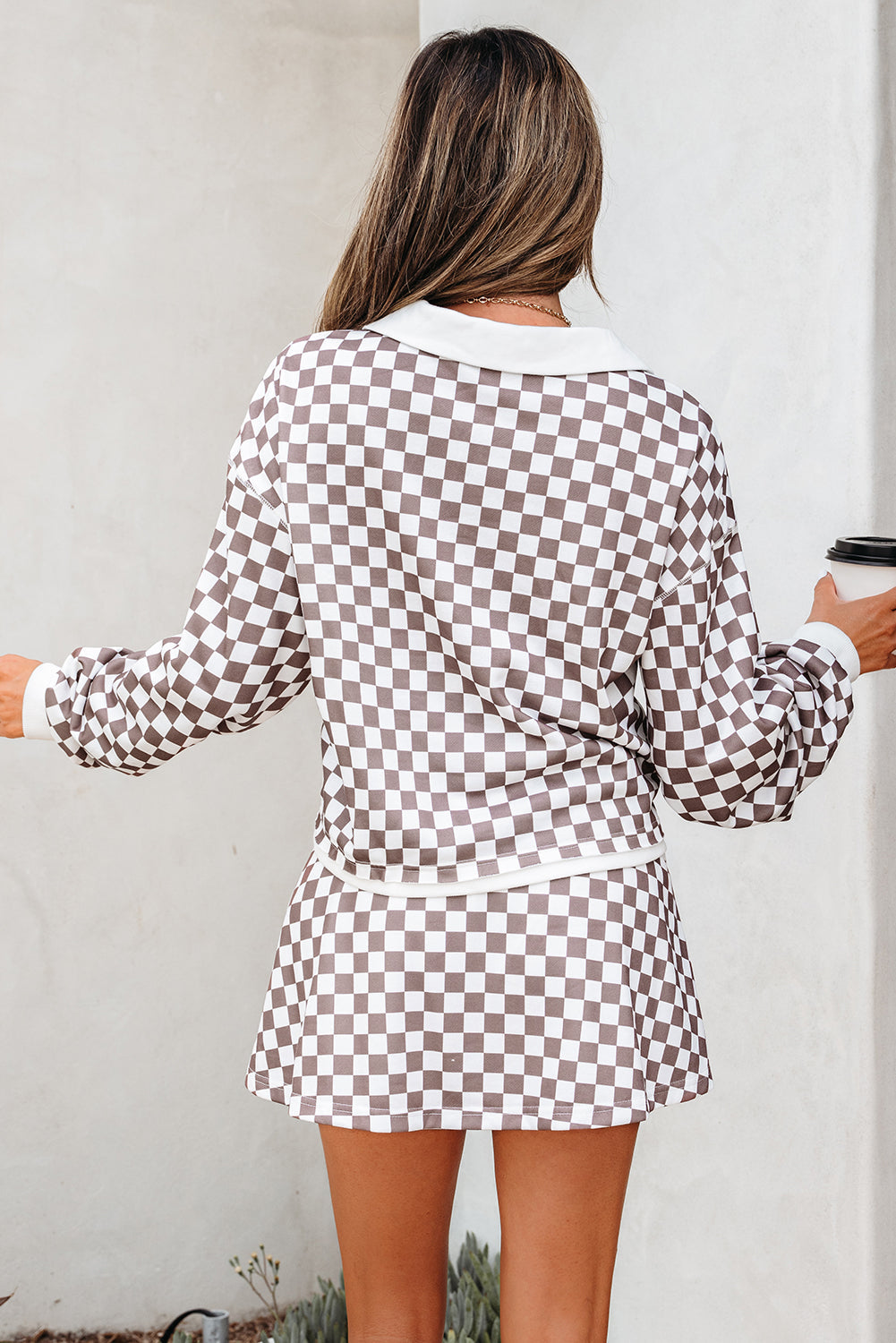 Checker Long Sleeve Top and Drawstring Mini Skirt Set