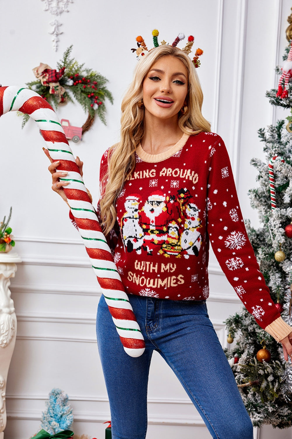 Women's Red Graphic Christmas Sweater Walking Around Snowmies - Image 2