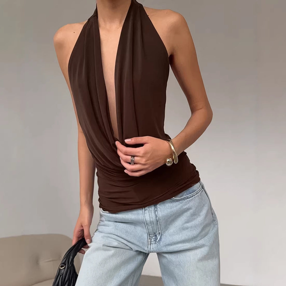 Women's Brown Backless Halter Top Elegant Sleeveless Knit Shirt - Image 2