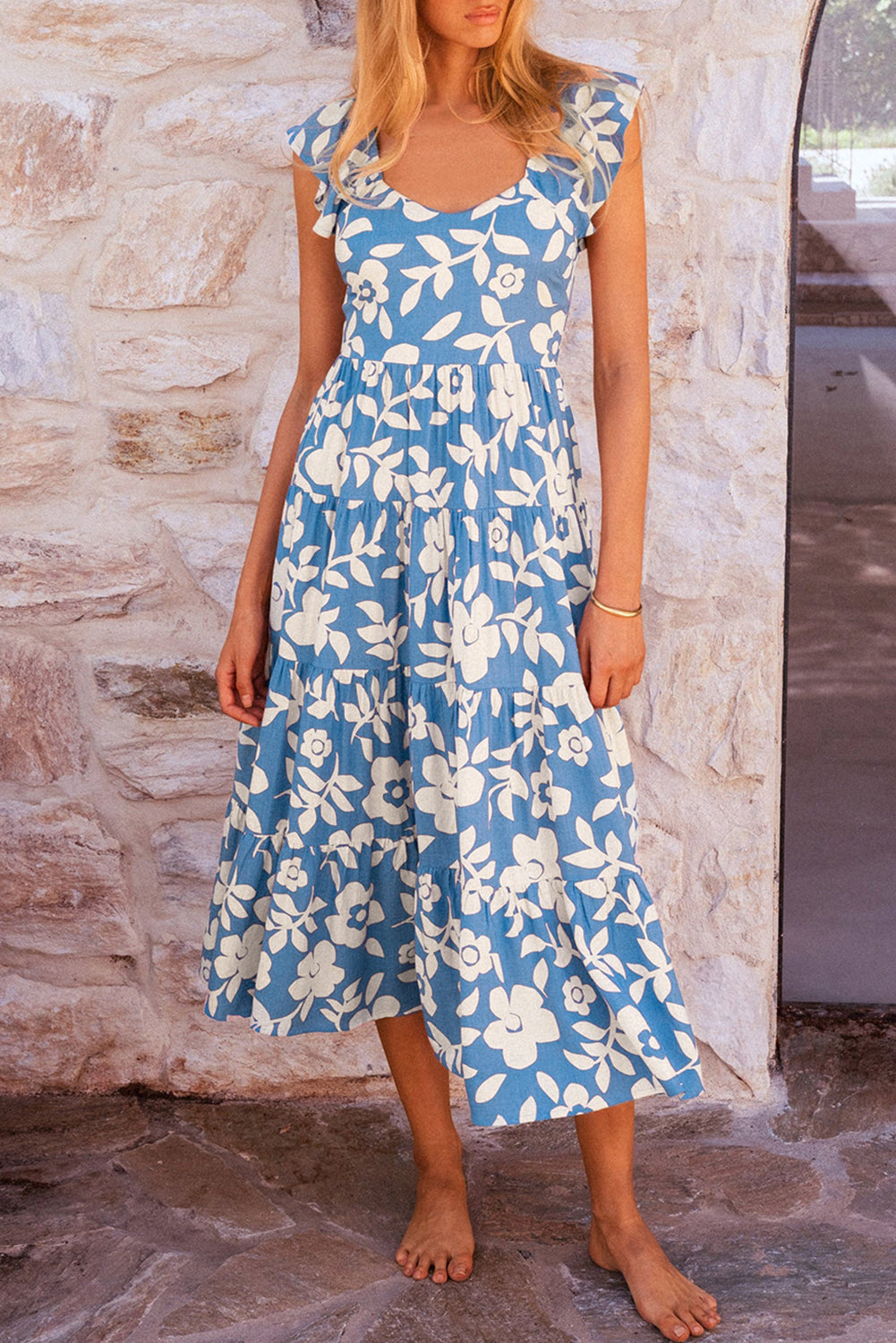 Sky Blue Floral Chiffon Flutter Sleeve Midi Dress