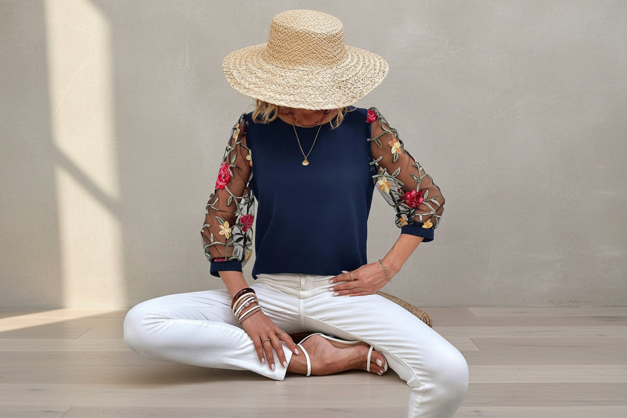 Women's Floral Mesh Sleeve Patchwork Top in Black, Navy, and Red - Image 5