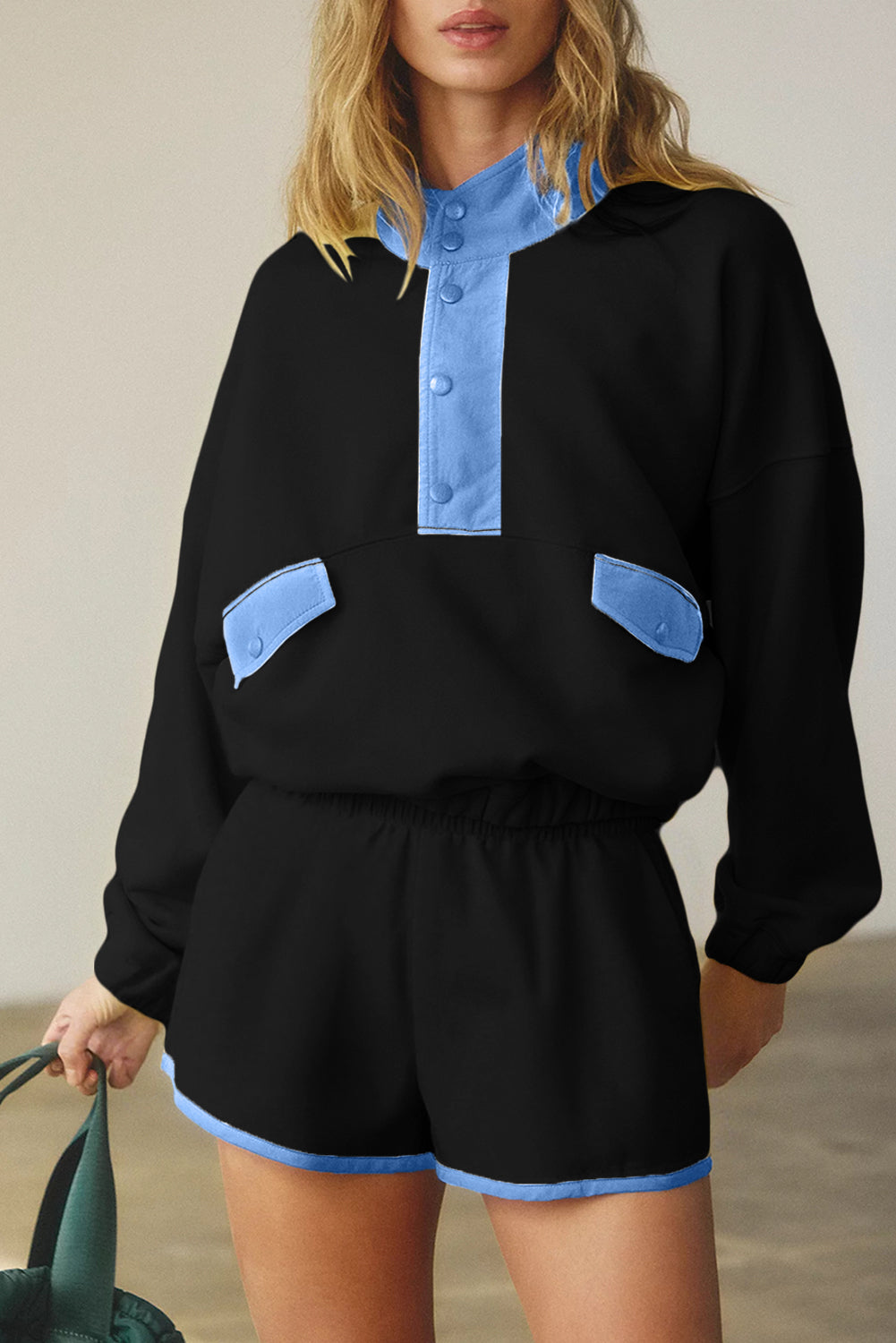 Yellow Colorblock Patchwork Half Button Pullover Shorts Set