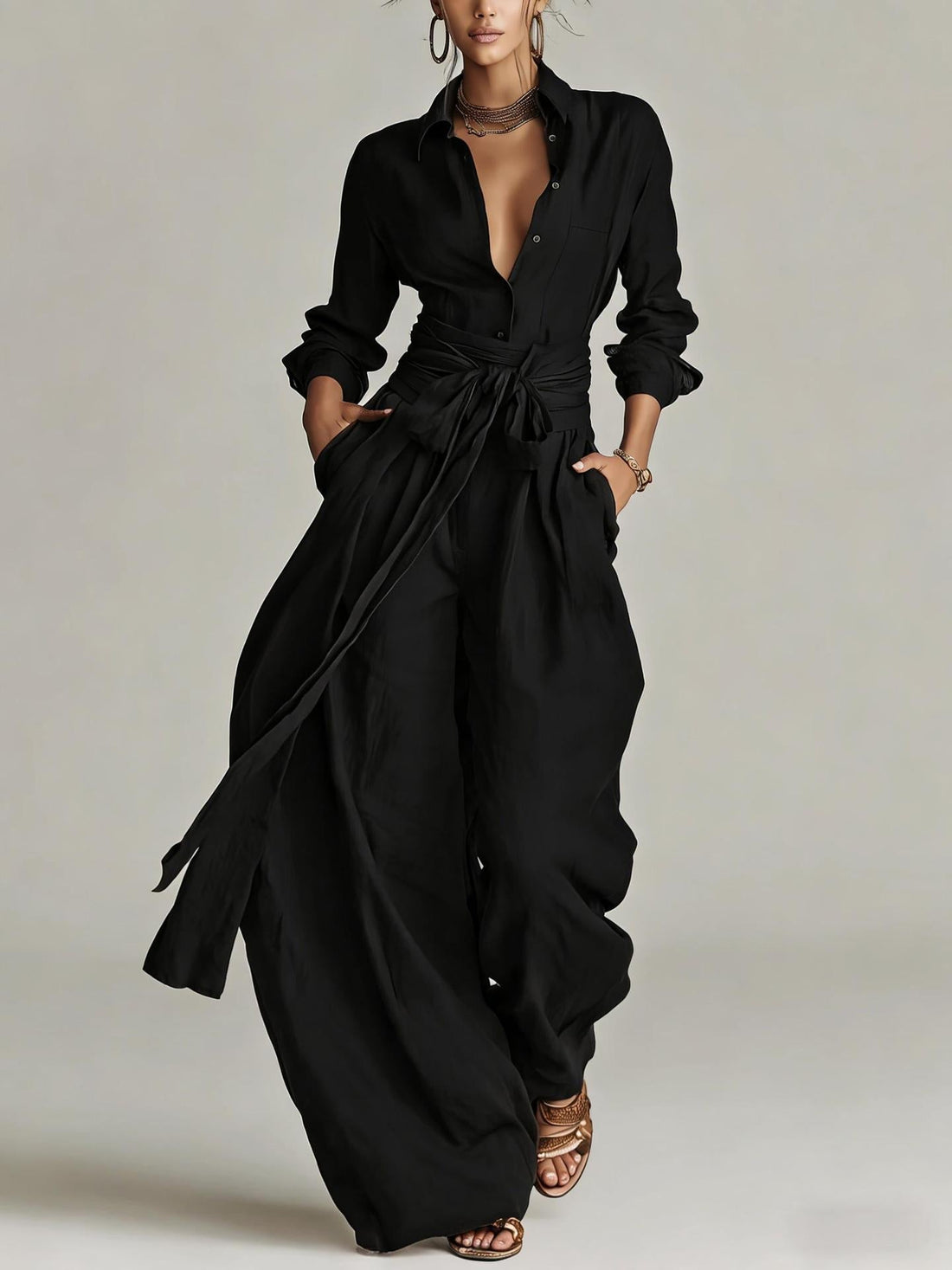 Women Solid Color Long Sleeve Button Down Shirt and Pants Set