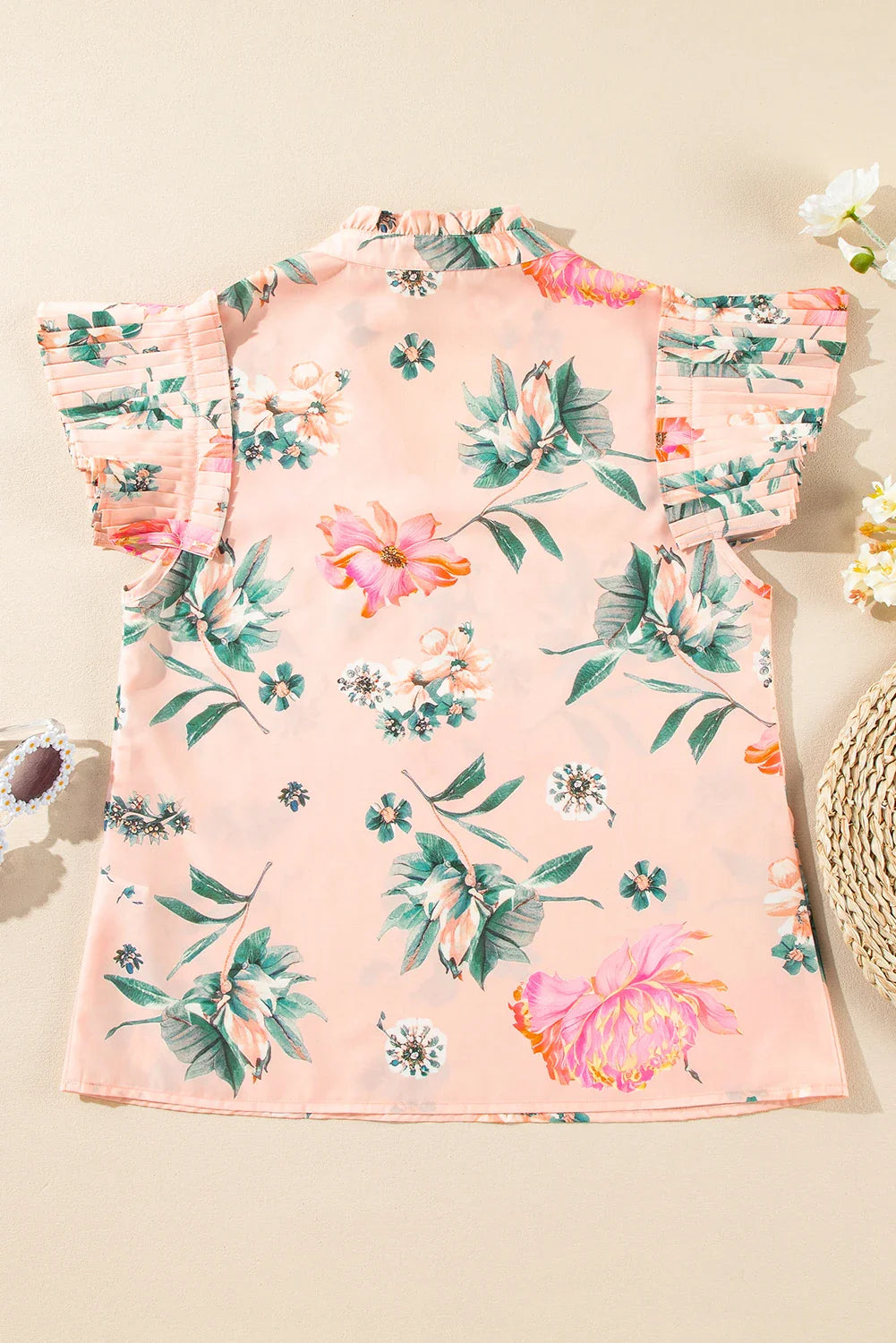 Floral Frilled V-Neck Blouse in Pink