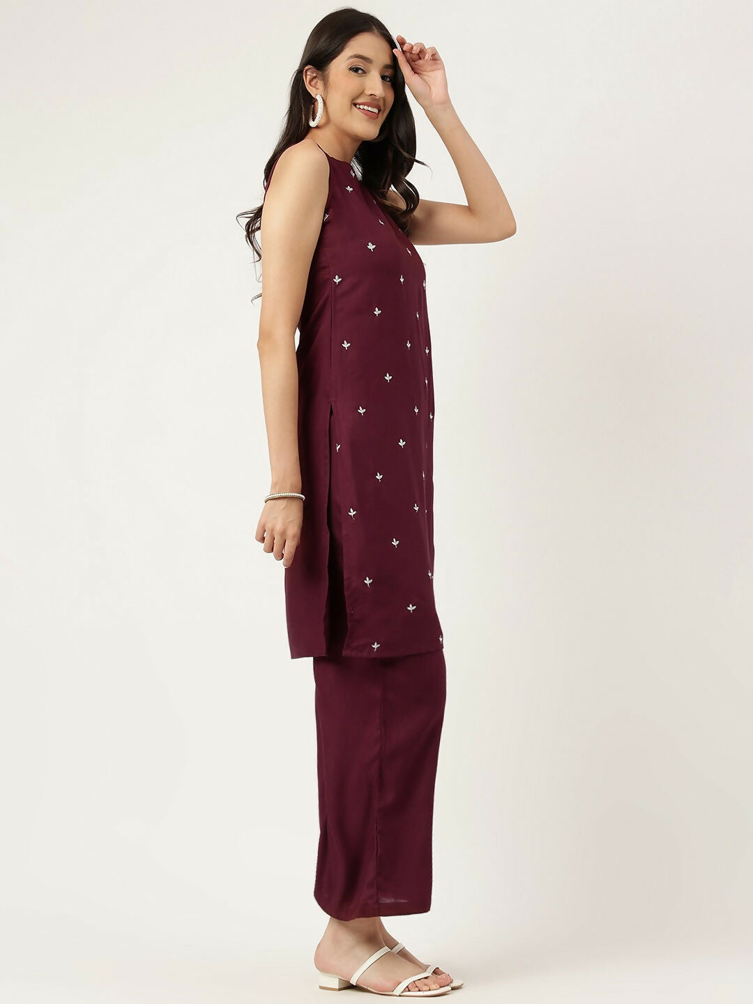 Maroon Rayon Straight Kurta and Bottom Set with Embroidery