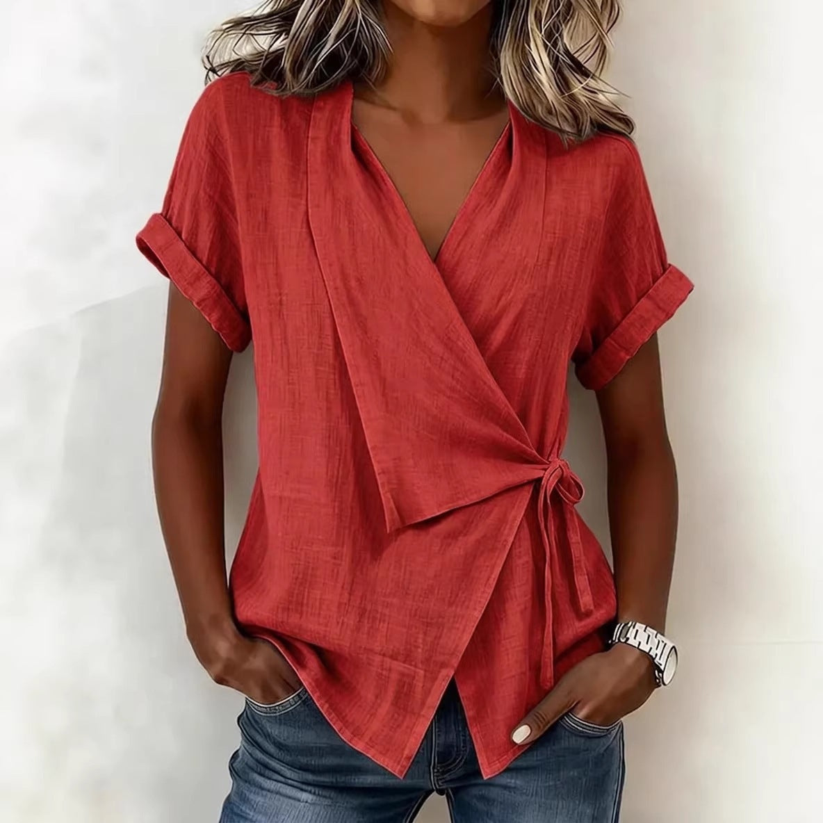 Women's Casual Lapel Collar Lace-Up Linen Blend Short-Sleeve Top - Image 5