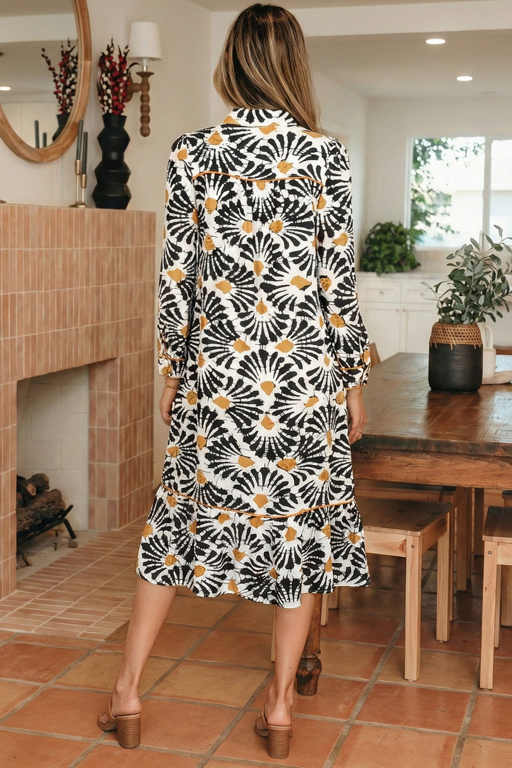 Abstract Floral V-Neck Long Sleeve Maxi Dress