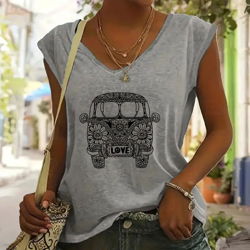 Women's Grey V-Neck Short Sleeve Floral Van Graphic Print Tee - Image 5