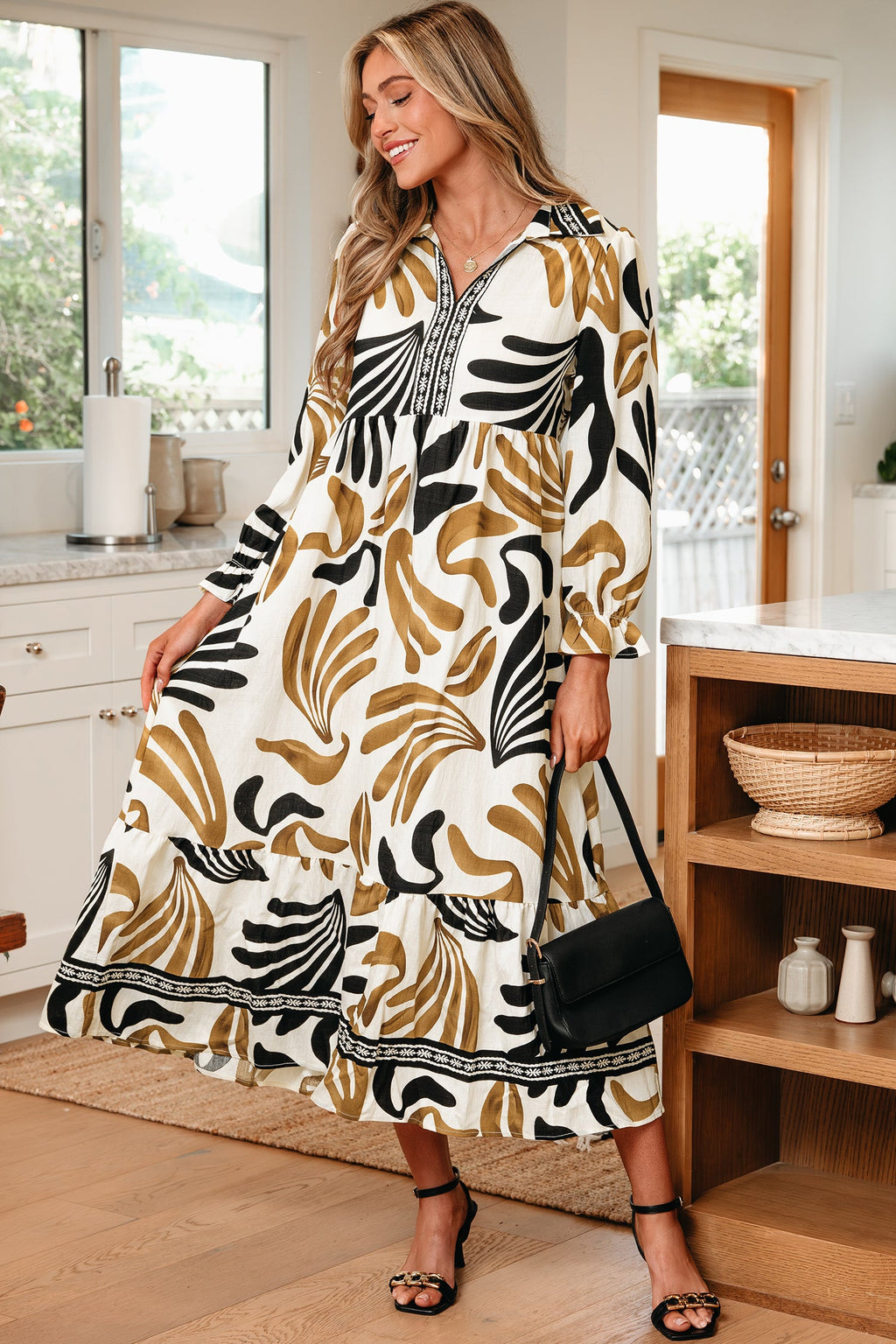 Zaylee Long Sleeve Ruffle Hem Dress in Earth Hue Floral