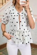 Polka Dot Collared Lace-Up Peplum Top