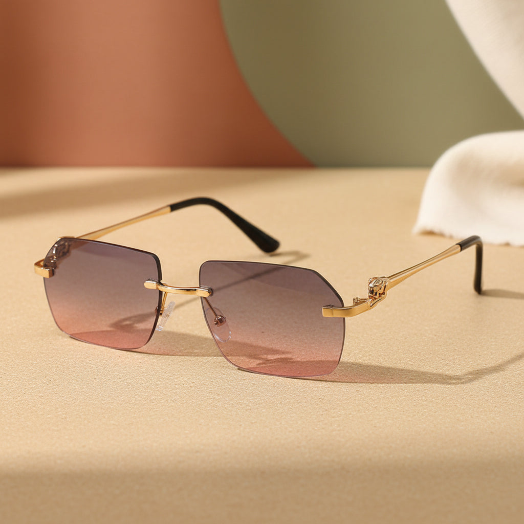 Gold Rimless Cheetah Print Sunglasses Hip-Hop Style Shades