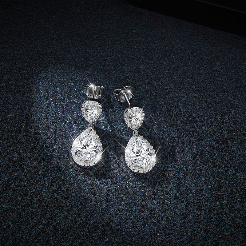 Pear Cut Moissanite Halo Drop Earrings with Hollowed Detail