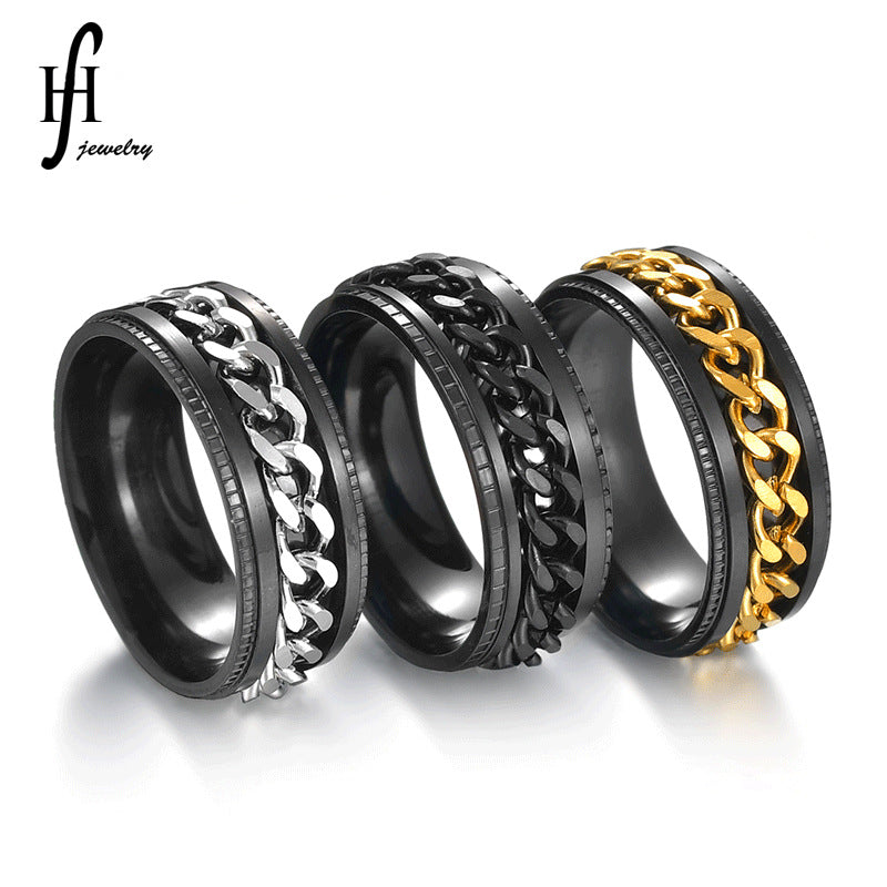 Stainless Steel Rotating Cuban Chain Spinner Ring For Men