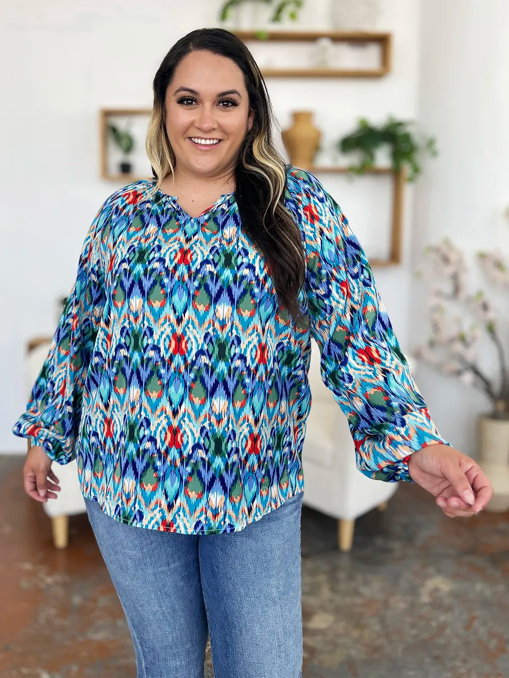 Printed Balloon Sleeve Blouse | Geometric V-Neck Chiffon Top