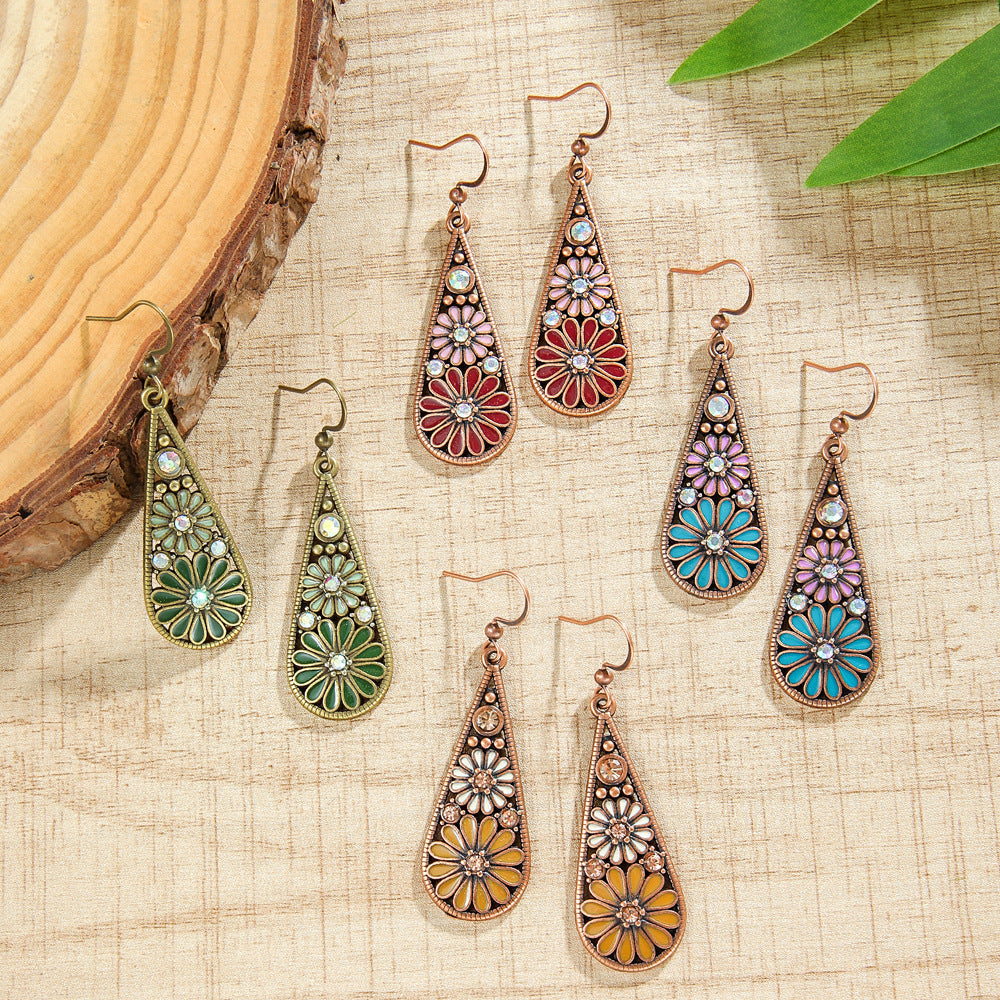 Metal Earrings Water-drop-shaped With Small Daisies Oil-drip Style