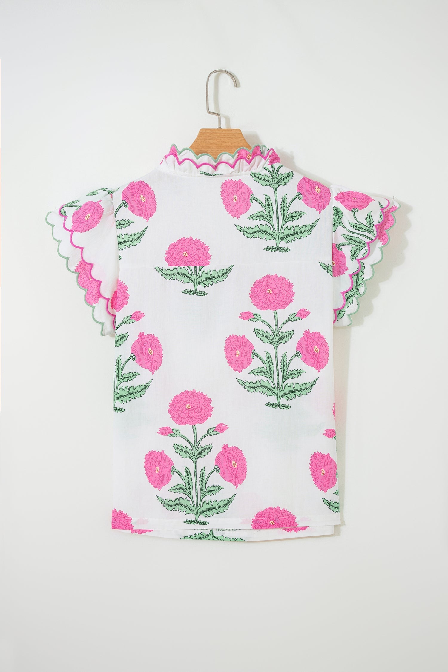 Wild Flower Contrast Trim Scallop Short Sleeve Blouse