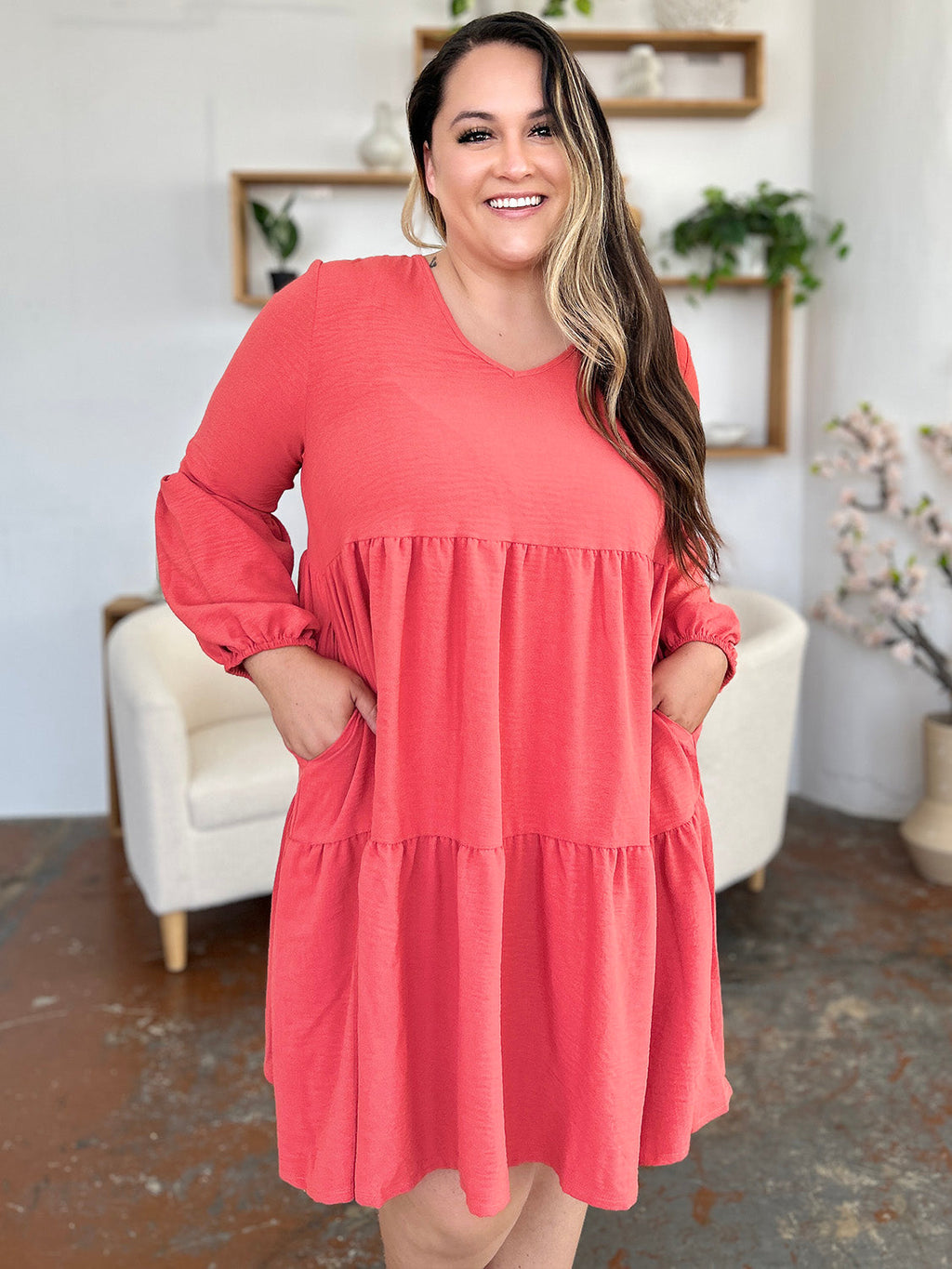 Light Green V-Neck Tiered Midi Dress with Side Pockets