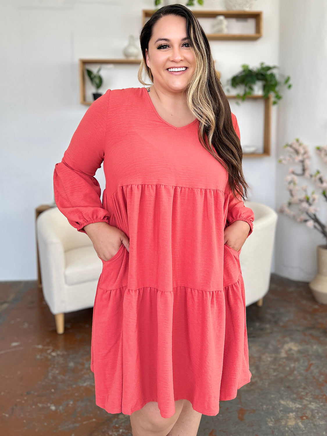 Light Green V-Neck Tiered Midi Dress with Side Pockets