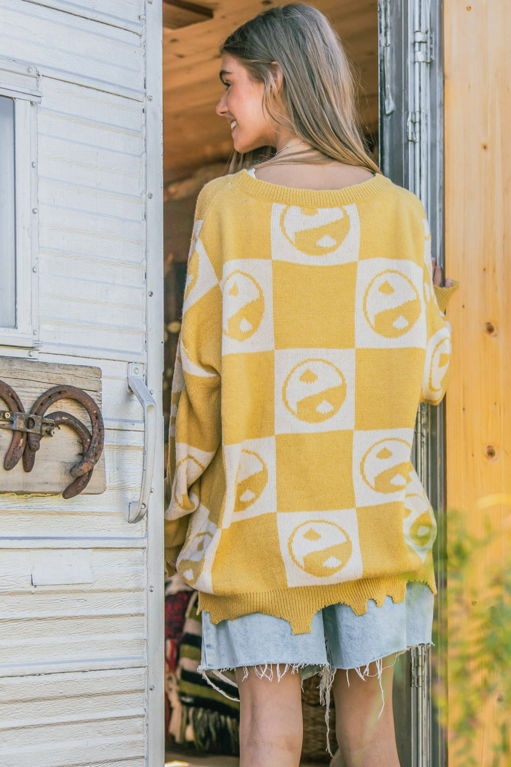 Yellow Yin Yang Checkerboard Knit Pullover Sweater - Image 2