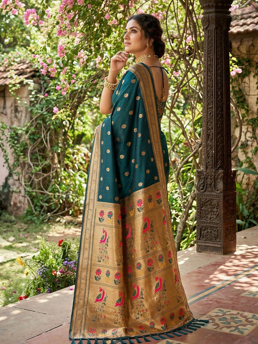 Teal Soft Silk Saree with Contrasting Golden Blouse