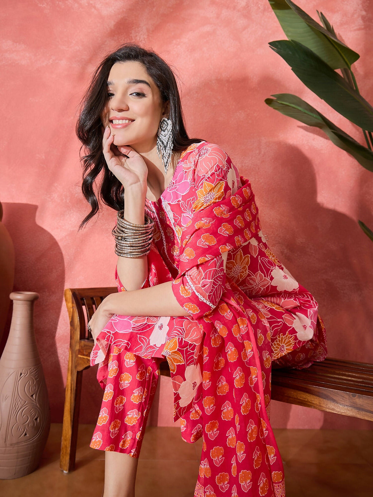 Women's Printed Pink Pure Cotton Kurta Set