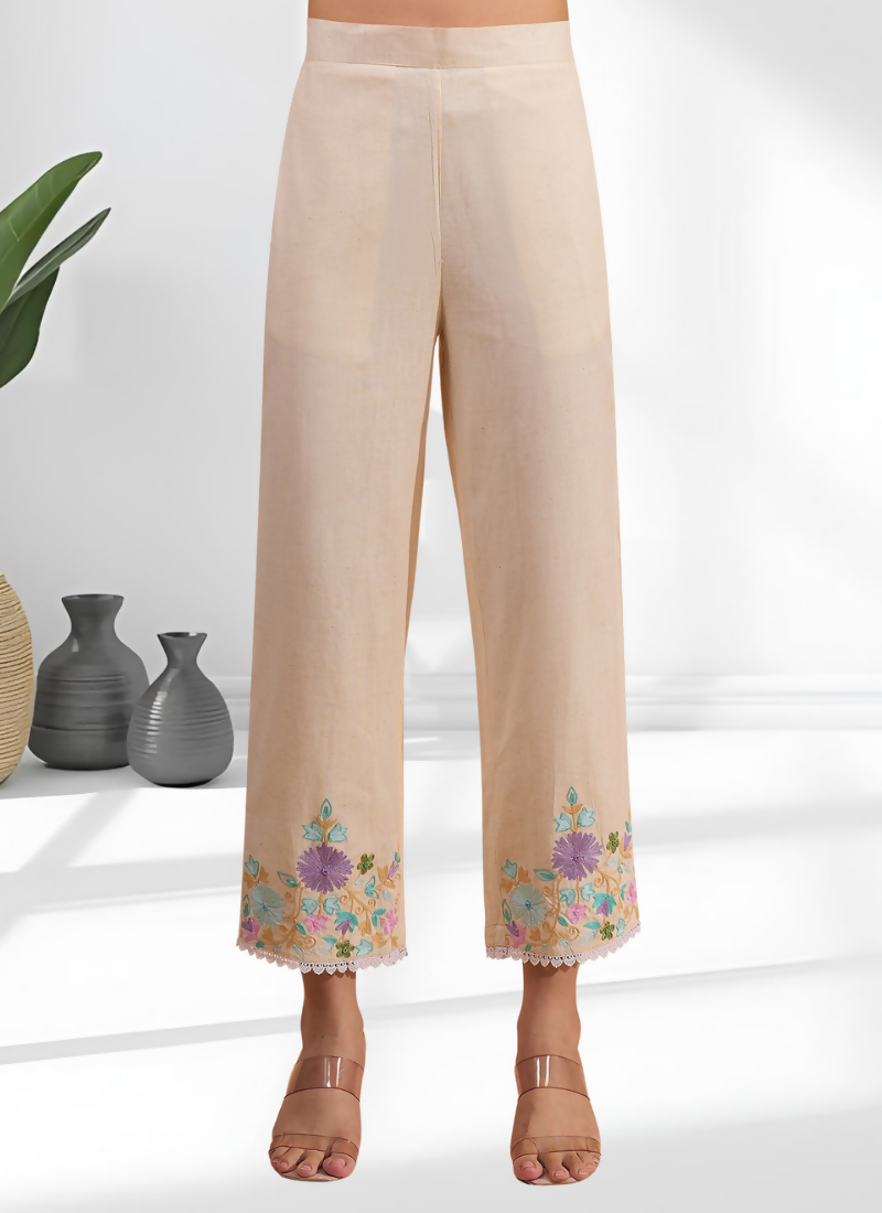 Cream Linen Embroidered V-Neck Cord Set for Semi-Formal Events