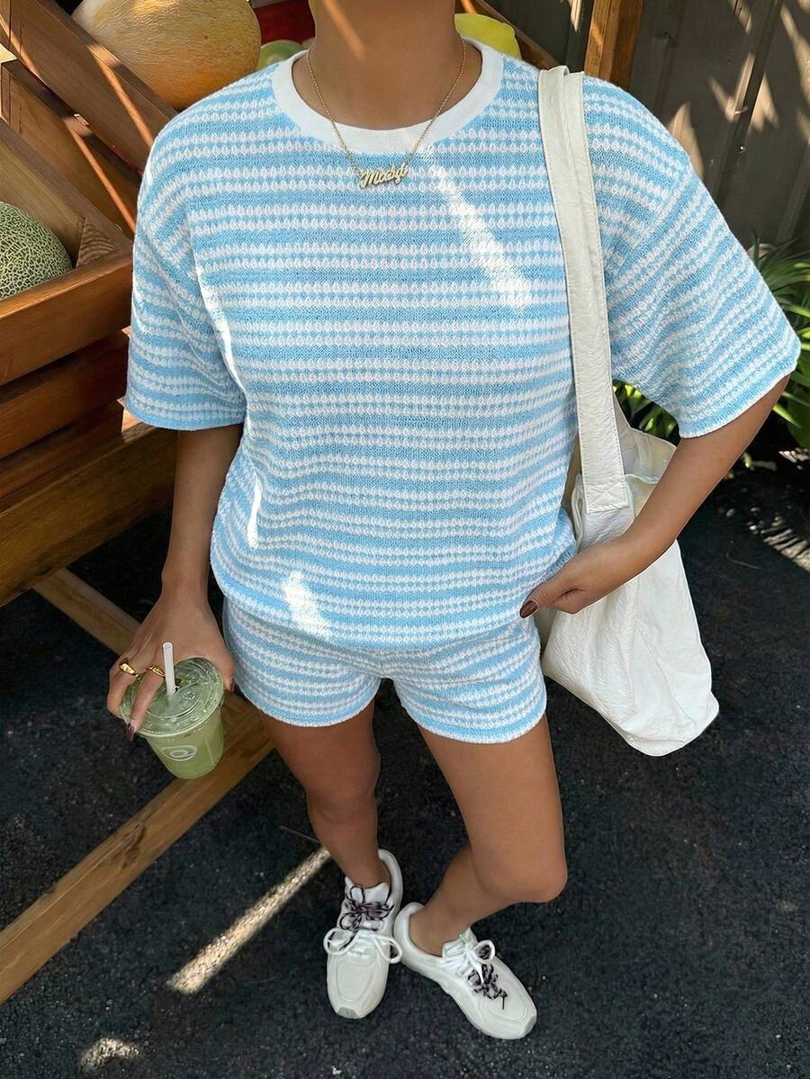 Women's Striped Crew-Neck Short-Sleeve T-Shirt and Shorts Set - Image 9