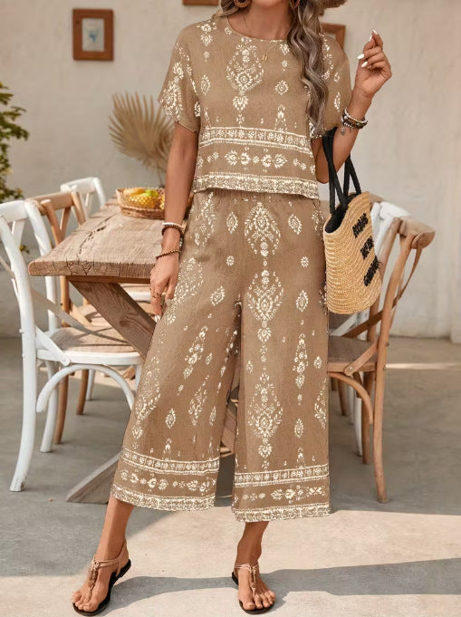 Women's Ethnic Print Two-Piece Crop Top and Straight-Leg Pants Set - Image 9