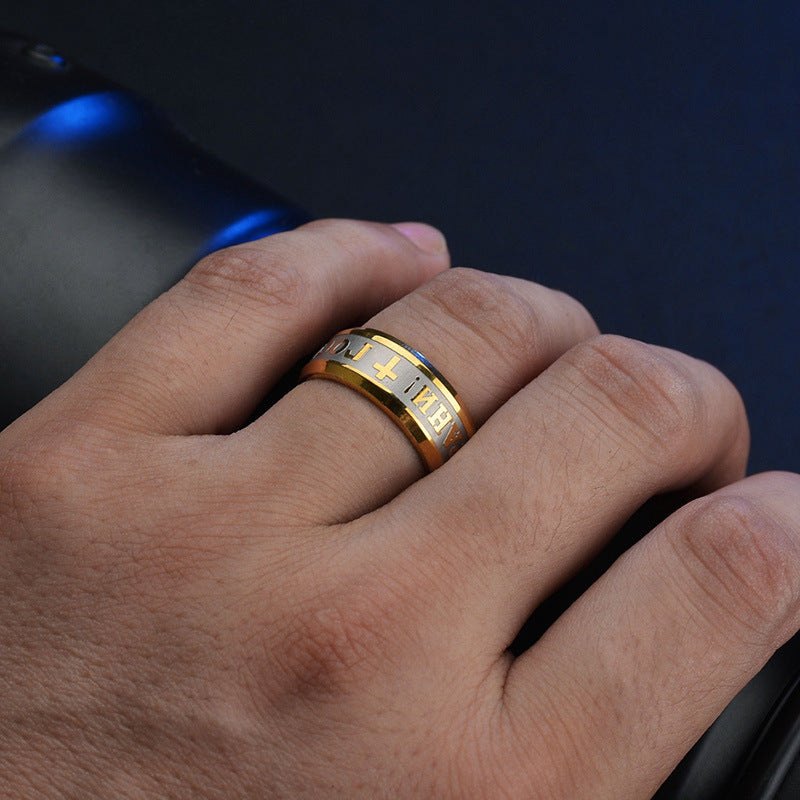 Stainless Steel Two Tone Russian Prayer Cross Band Ring Unisex