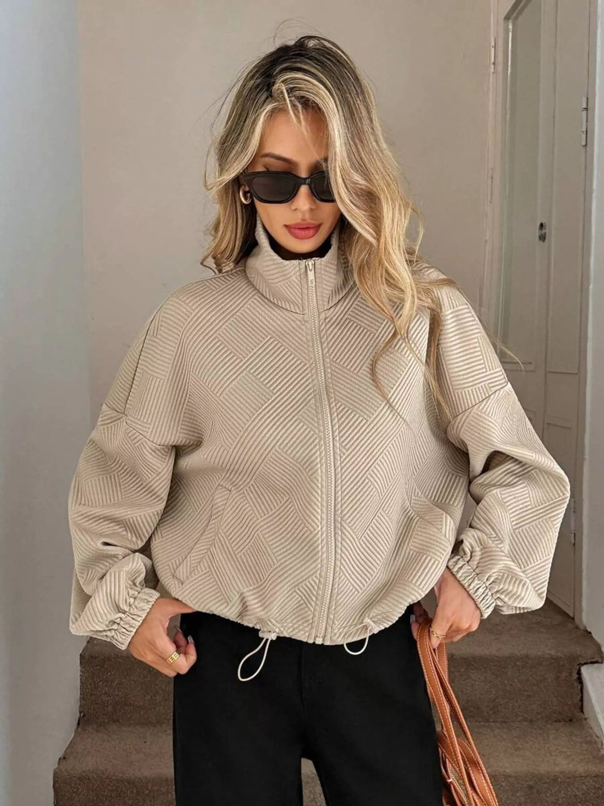 Drawstring Hem Textured Long Sleeve Jacket