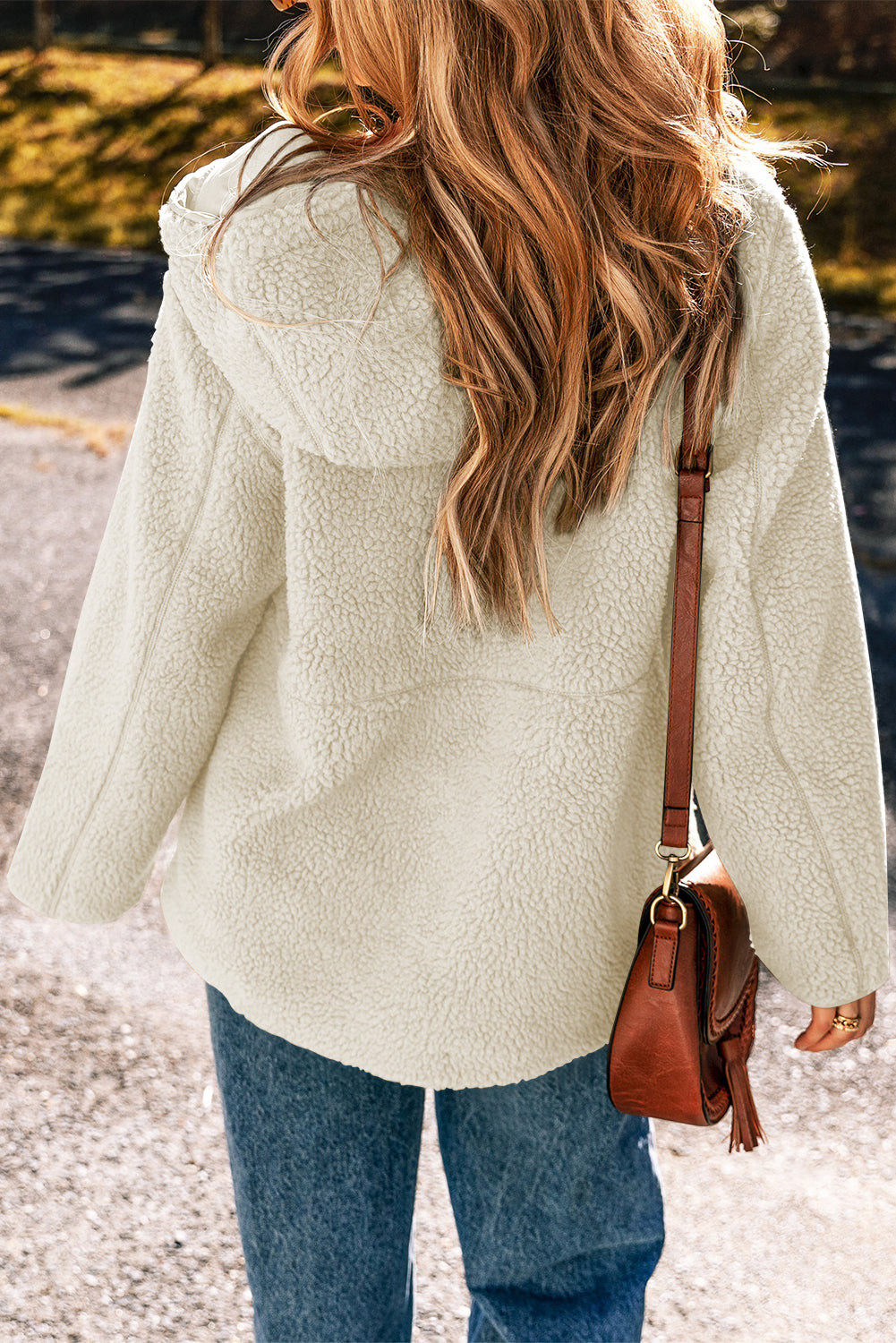 Women's Solid Fleece Zip-Up Hooded Jacket with Drawstring Pockets