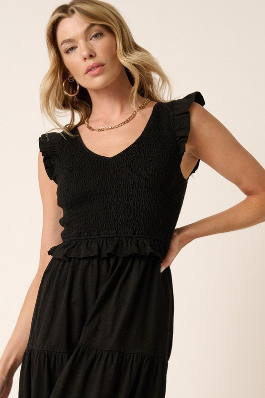 Smocked Ruffled Tiered Midi Dress