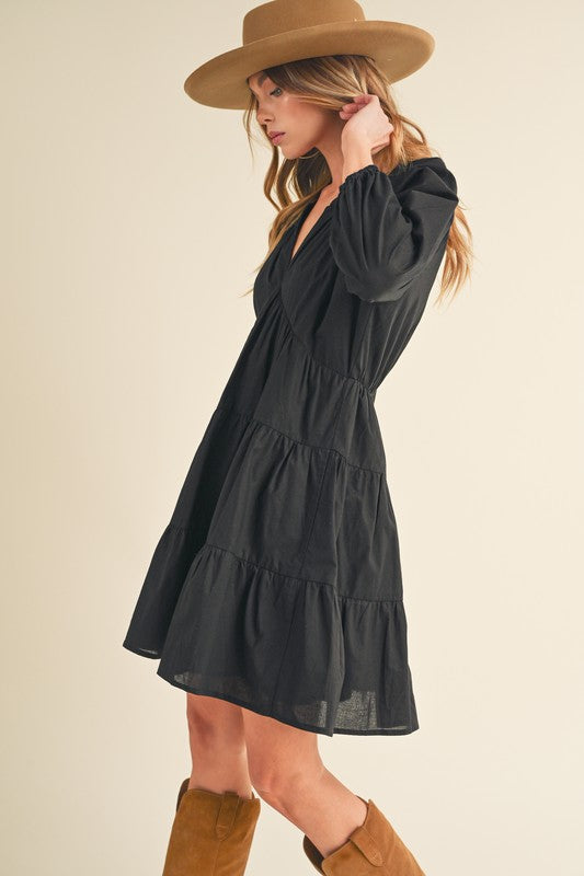Notched Balloon Sleeve Tiered Mini Dress Chic Summer